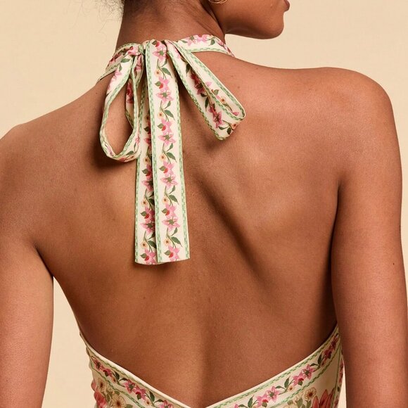 Multicolor Boho Women's Halter Neck Floral Print Blouse - Picture 2 of 7